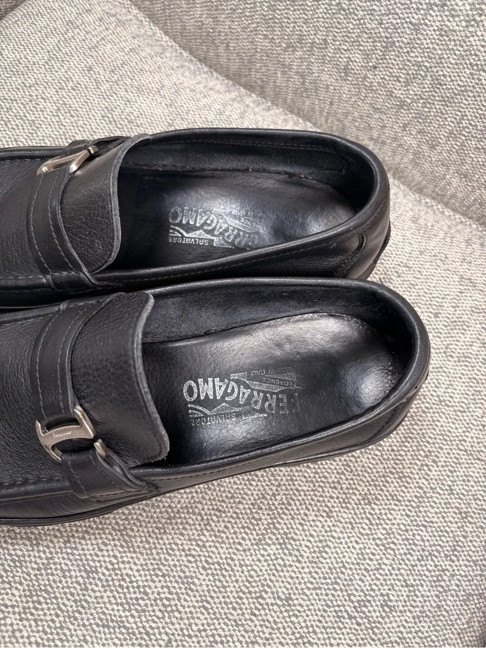 SALVATORE FERRAGAMO Men's Black Leather Slip-On Loafers with Buckle Detail